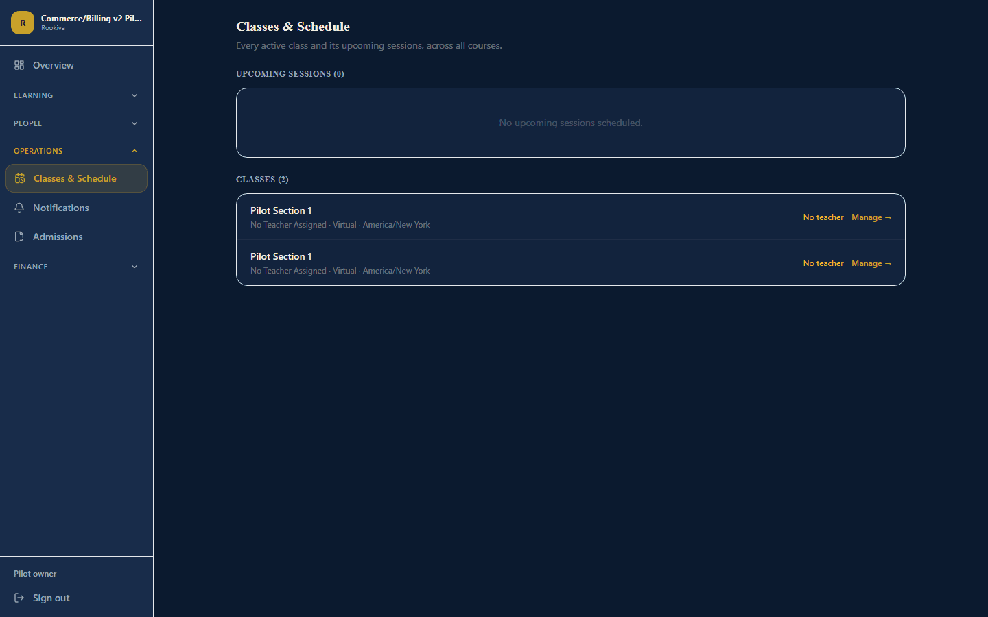 A classes and schedule view listing active class sections and their upcoming sessions.